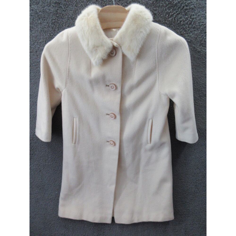Vintage Steven Forstmann Knee Length Wool Vanilla Coat 4 Button Fur Collar M/L?